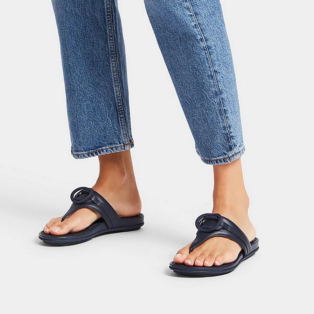 FitFlop Sandalias Femenino Gracie Rubber-Circlet Leather Toe-Post Sandals Midnight Navy