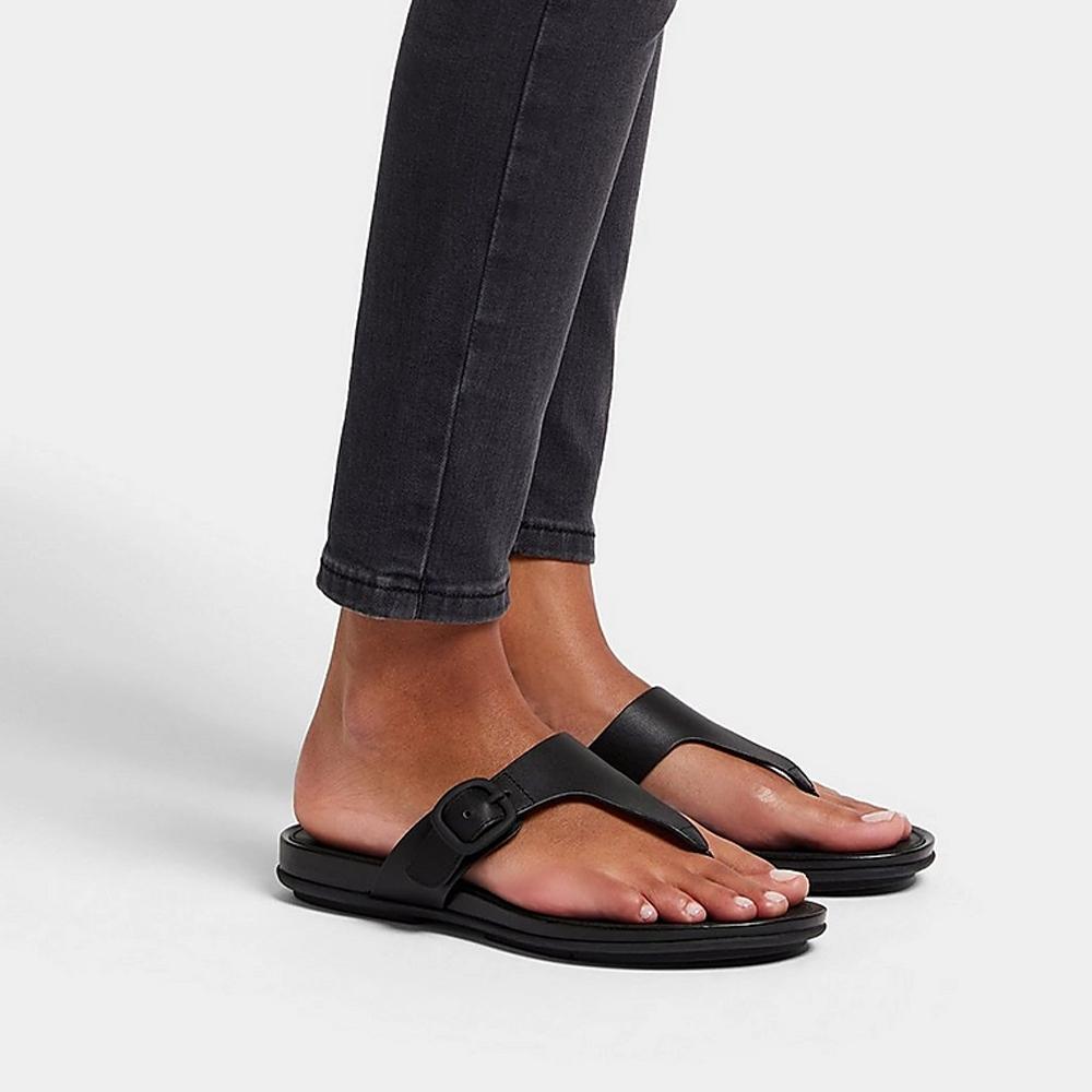 FitFlop Sandalias Femenino Gracie Rubber-Buckle Leather Toe-Post Sandals All Black