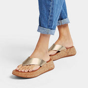 FitFlop Sandalias Femenino F-Mode Leather/Cork Flatform Toe-Post Sandals Platino